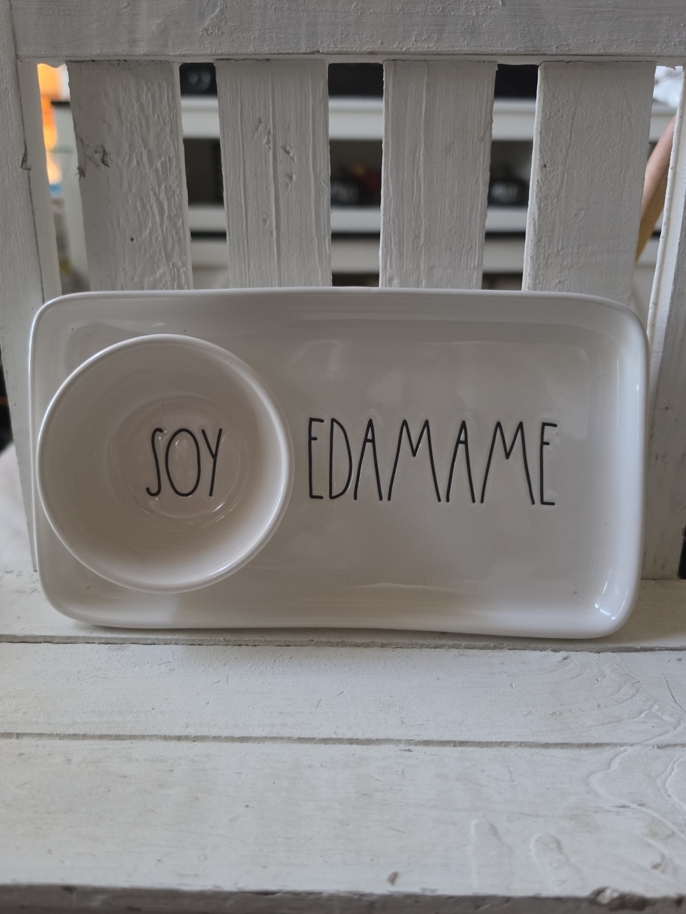 Rae Dunn White Ceramic Soy & Edamame Snack Tray with Dip Bowl